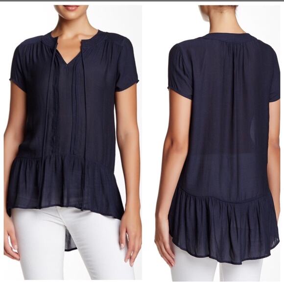 NWT Ro & De Navy Ruffle Tie Neck Top - Picture 1 of 6